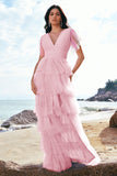 Green A-Line V Neck Ruched Tiered Long Bridesmaid Dress with Slit