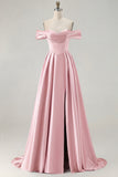 Off the Shoulder A Line Blue Satin Long Bridesmaid Dress with Slit