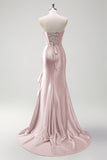 Sparkly Mermaid Strapless Corset Sequin Long Prom Dress with Ruffle Slit