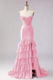 Red Mermaid Sweetheart Beaded Corset Tiered Ruffle Long Prom Dress with Slit