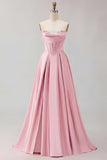 Golden A Line Beaded Strapless Corset Satin Long Prom Dress