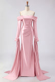 Off the Shoulder Dark Green Mermaid Ruched Prom Dress with Long Sleeves