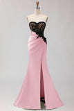 Black Green Strapless Mermaid Lace Appliqued Ruched Long Prom Dress with Slit