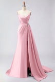 Royal Blue A Line Beaded Strapless Ruched Long Prom Dress with Slit