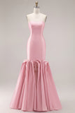 Fuchsia Strapless Mermaid Satin Long Prom Dress with 3D Flowers