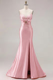 Mermaid Fuchsia Satin Cut Out Ruched Long Prom Dress with Slit