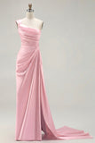 One Shoulder Green Sheath Ruched Long Prom Dress with Slit