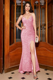 Sparkly Fuchsia Mermaid Spaghetti Straps V-Neck Sequin Long Prom Dress With Split