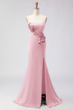 Green Strapless Mermaid 3D Flower Satin Long Prom Dress with Slit