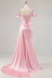 Royal Blue Off The Shoulder Mermaid Beaded Streamer Ruched Long Prom Dress with Slit
