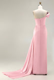 One Shoulder Green Sheath Ruched Long Prom Dress with Slit