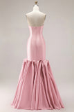 Fuchsia Strapless Mermaid Satin Long Prom Dress with 3D Flowers