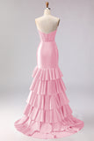 Red Mermaid Sweetheart Beaded Corset Tiered Ruffle Long Prom Dress with Slit