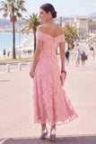 Sage Green Off the Shoulder Floral Midi Wedding Guest Dress with Beading