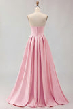 Golden A Line Beaded Strapless Corset Satin Long Prom Dress