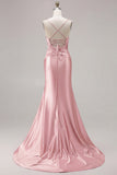 Mermaid Fuchsia Satin Cut Out Ruched Long Prom Dress with Slit