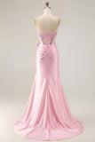 Navy Mermaid Strapless Corset Beaded Satin Long Prom Dress with Bow