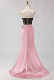 Black Green Strapless Mermaid Lace Appliqued Ruched Long Prom Dress with Slit