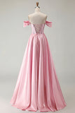 Off the Shoulder Purple A Line Beaded Corset Long Prom Dress with Slit