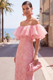 Off the Shoulder Ruffled Yellow Midi Wedding Guest Dress