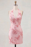 Light Blue Halter Bodycon Floral Short Homecoming Dress