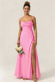 Green Flower A Line Spaghetti Straps Chiffon Long Bridesmaid Dress with Slit