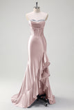 Sparkly Mermaid Strapless Corset Sequin Long Prom Dress with Ruffle Slit