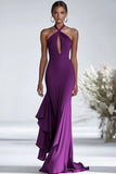 Terracotta Sheath Halter Chiffon Ruffled Gala Dress