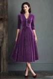 Burgundy A Line V Neck Midi Plus Size Velvet Dress with Half Sleeves