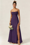 Green Flower A Line Spaghetti Straps Chiffon Long Bridesmaid Dress with Slit