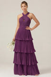 Lilac Halter Keyhole A Line Tiered Ruffle Pleated Bridesmaid Dress