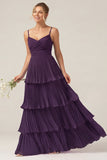 Dark Green A Line Ruched Pleated Spaghetti Straps Tiered Bridesmaid Dress