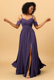 A Line Spaghetti Straps Long Chiffon Bridesmaid Dress With Slit