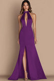 Burgundy Halter Keyhole Mermaid Long Formal Dress With Slit