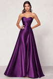 Black Strapless Satin Ruched A Line Long Formal Dress