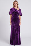 Dark Grey Asymmetrical Neck Velvet Formal Dress with Short Sleeves