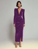 Olive Sheath Long Sleeves Velvet Ruched Formal Dress with Slit
