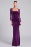Velvet Mermaid Dark Green Square Neck Long Sleeve Formal Dress