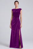 Black and Brown Velvet Bateau Neck Cap Sleeve Long Formal Dress with Slit