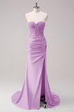 Glitter Fuchsia Mermaid Strapless Ruched Corset Long Prom Dress With Slit