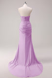 Glitter Fuchsia Mermaid Strapless Ruched Corset Long Prom Dress With Slit