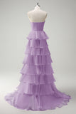 Hot Pink Sweetheart Princess Cut Out Tiered Long Prom Dress with Slit