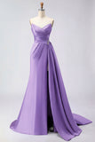 Royal Blue A Line Beaded Strapless Ruched Long Prom Dress with Slit