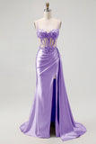 Champagne Mermaid Corset Streamer Beaded Ruched Long Prom Dress with Slit