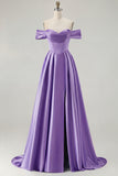 Off the Shoulder A Line Blue Satin Long Bridesmaid Dress with Slit