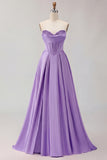 Golden A Line Beaded Strapless Corset Satin Long Prom Dress