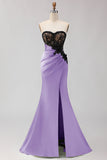 Black Green Strapless Mermaid Lace Appliqued Ruched Long Prom Dress with Slit