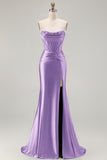 Dark Green Beaded Corset Strapless Mermaid Long Prom Dress with Slit
