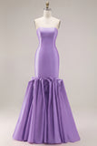 Fuchsia Strapless Mermaid Satin Long Prom Dress with 3D Flowers