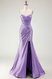 Burgundy Mermaid Sweetheart Corset Beaded Ruched Long Prom Dress with Slit